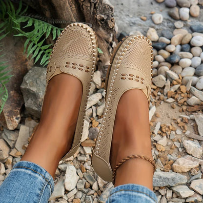 Women's Slip-On Loafers Perforated Leather Whipstitch Detail
