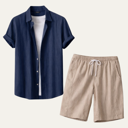 Men's Button Up Shirt And Shorts Set Cotton