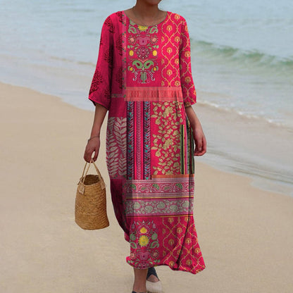 Women's Maxi Dress Round Neck Three-Quarter Sleeves Mixed Print