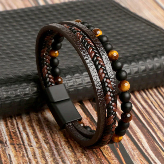 Men's Leather Stone Bead Bracelet