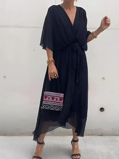 Women's Wrap Dress V-Neck Wide Sleeves Waist Tie