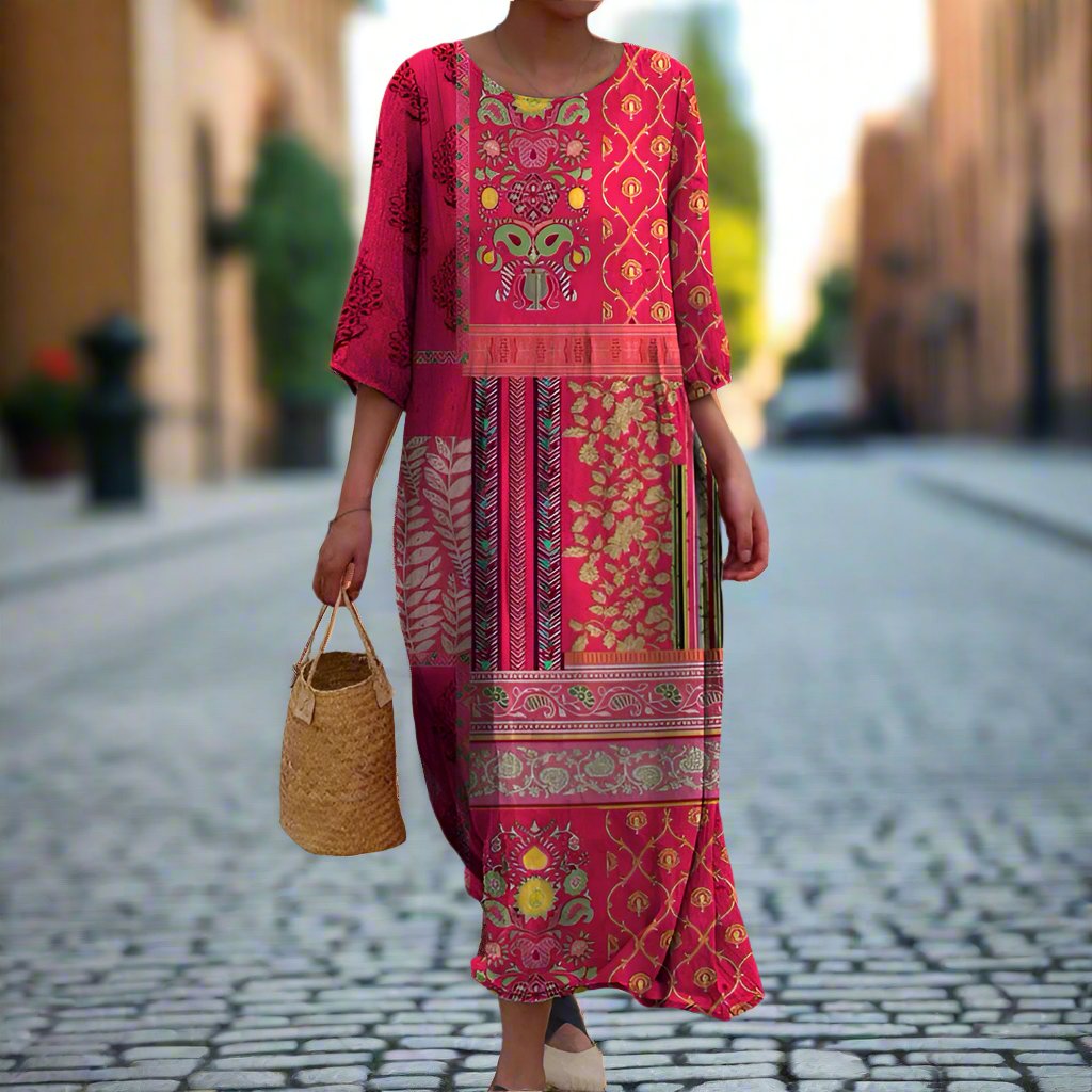 Women's Maxi Dress Round Neck Three-Quarter Sleeves Mixed Print