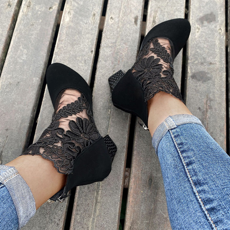 Women's Lace Panel Block Heel Ankle Comfort Boots