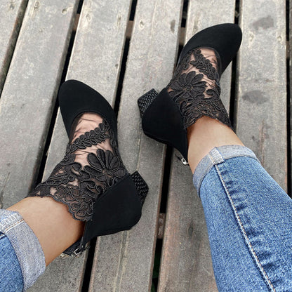 Women's Lace Panel Block Heel Ankle Comfort Boots