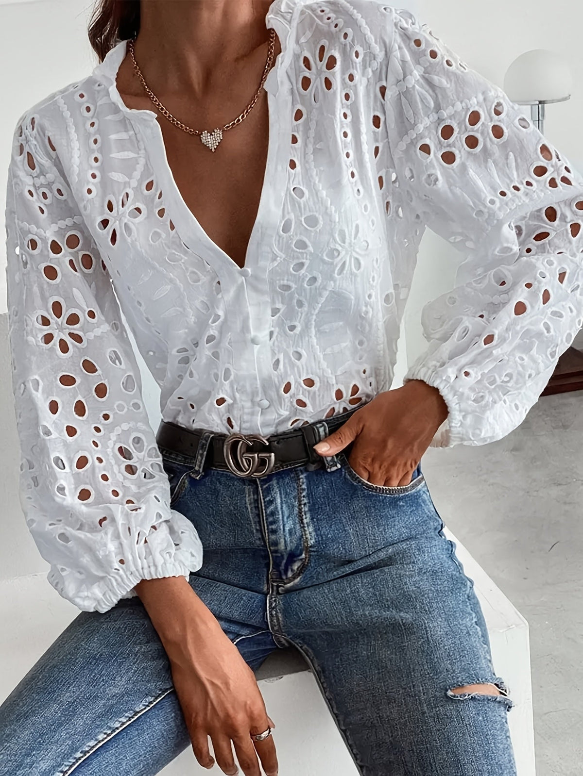 Women's Deep V-Neck Long Sleeve Blouse