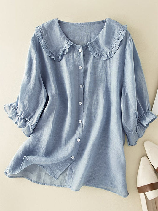 Women's Linen Tunic Ruffled Collar Beige