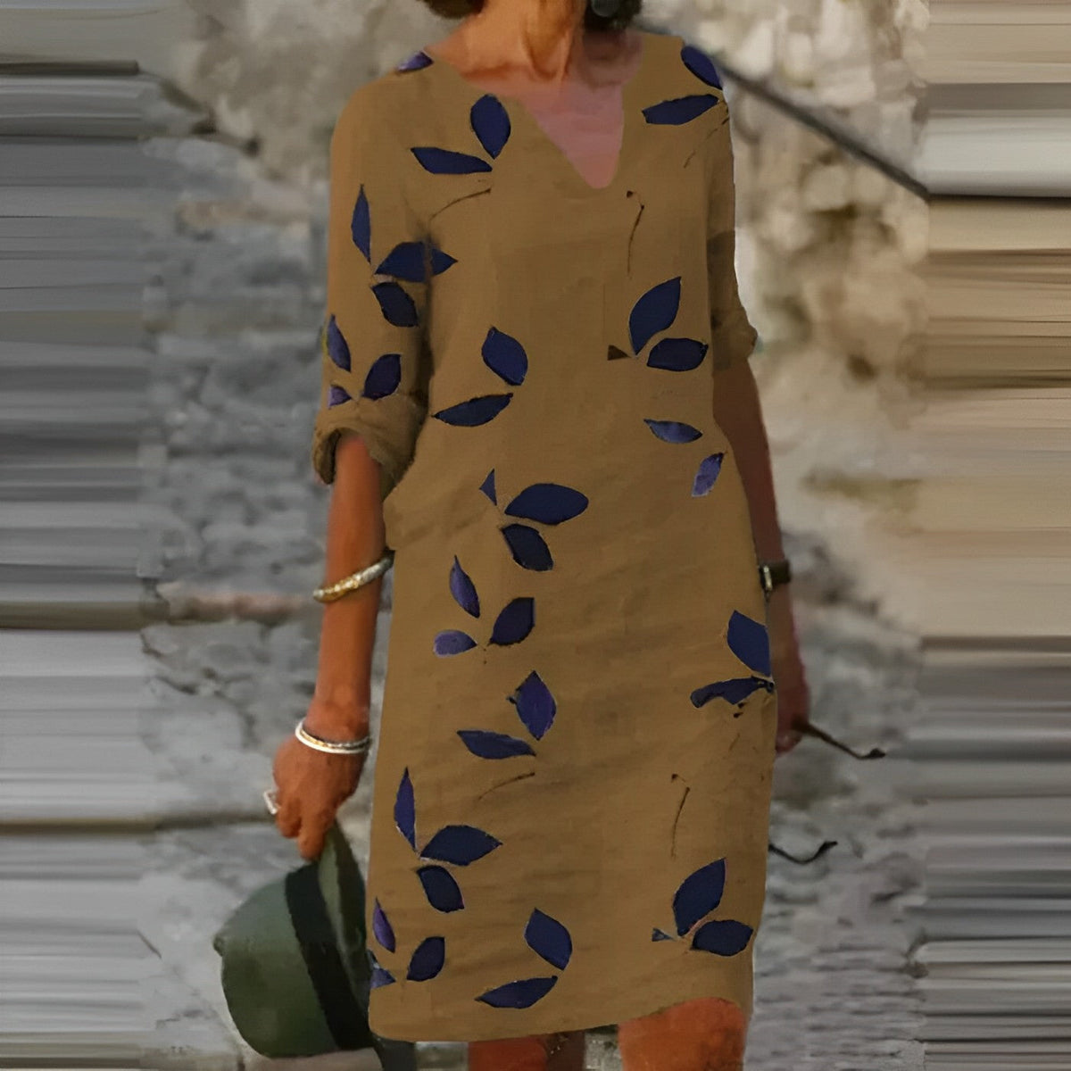 Women's Fall Leaf Print Dress Flowing Silhouette