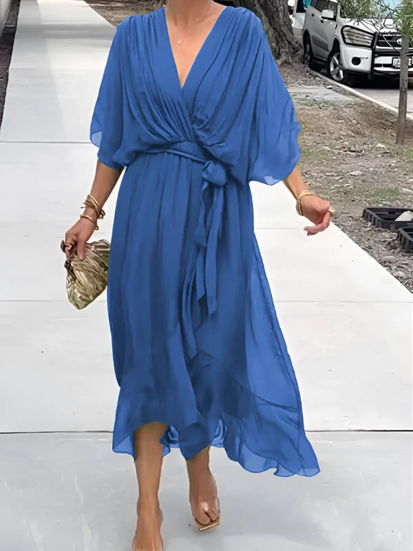 Women's Wrap Dress V-Neck Wide Sleeves Waist Tie