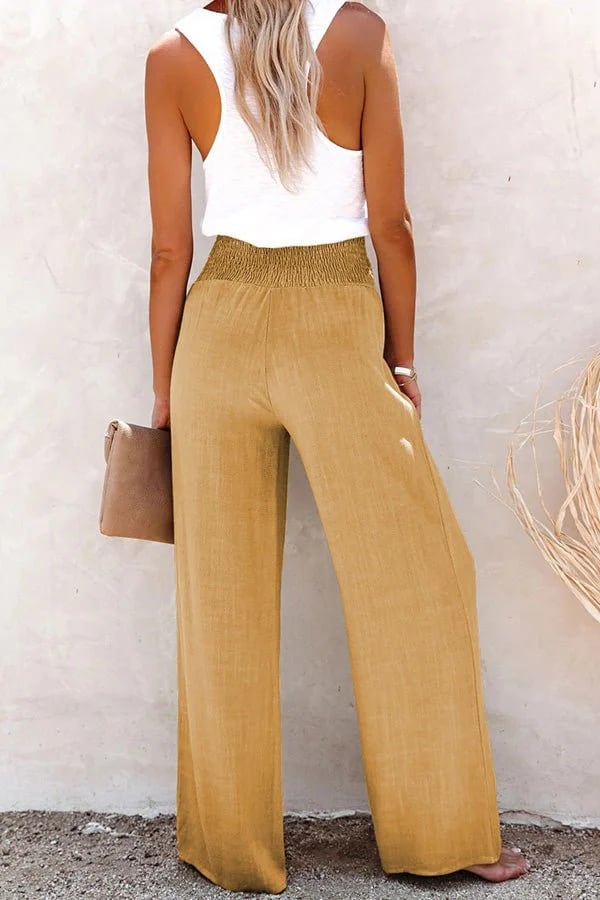 Women's Wide Leg High-Waisted Pants Smocked Waistband Beige