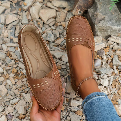 Women's Slip-On Loafers Perforated Leather Whipstitch Detail