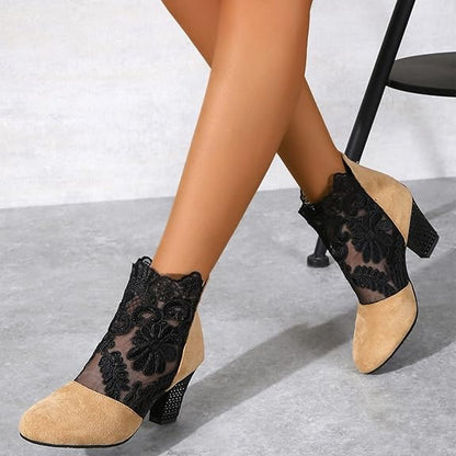 Women's Lace Panel Block Heel Ankle Comfort Boots
