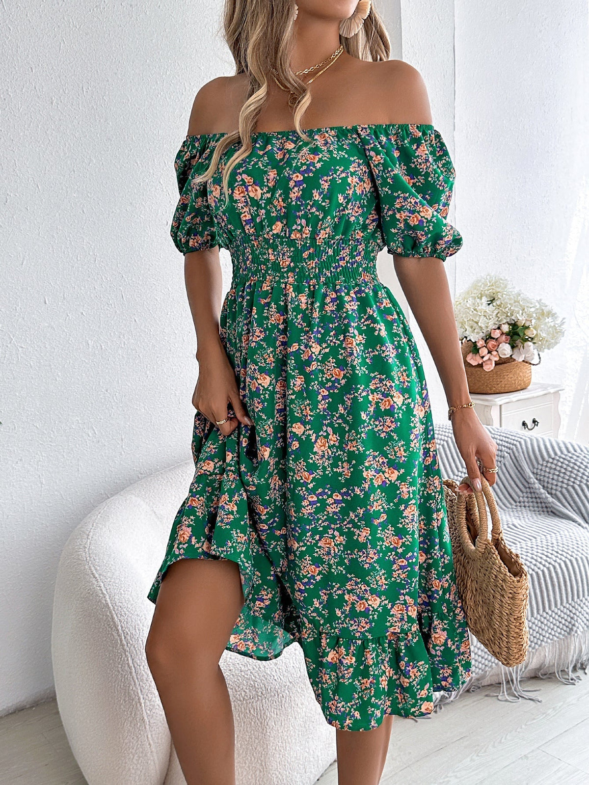 Women's Floral Ruffle High Waist Dress