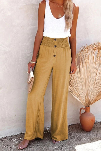 Women's Wide Leg High-Waisted Pants Smocked Waistband Beige