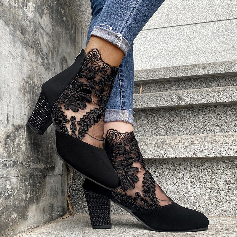 Women's Lace Panel Block Heel Ankle Comfort Boots