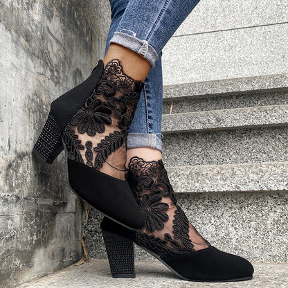 Women's Lace Panel Block Heel Ankle Comfort Boots