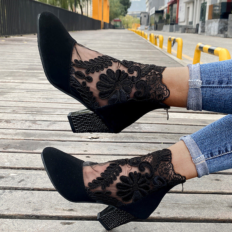 Women's Lace Panel Block Heel Ankle Comfort Boots