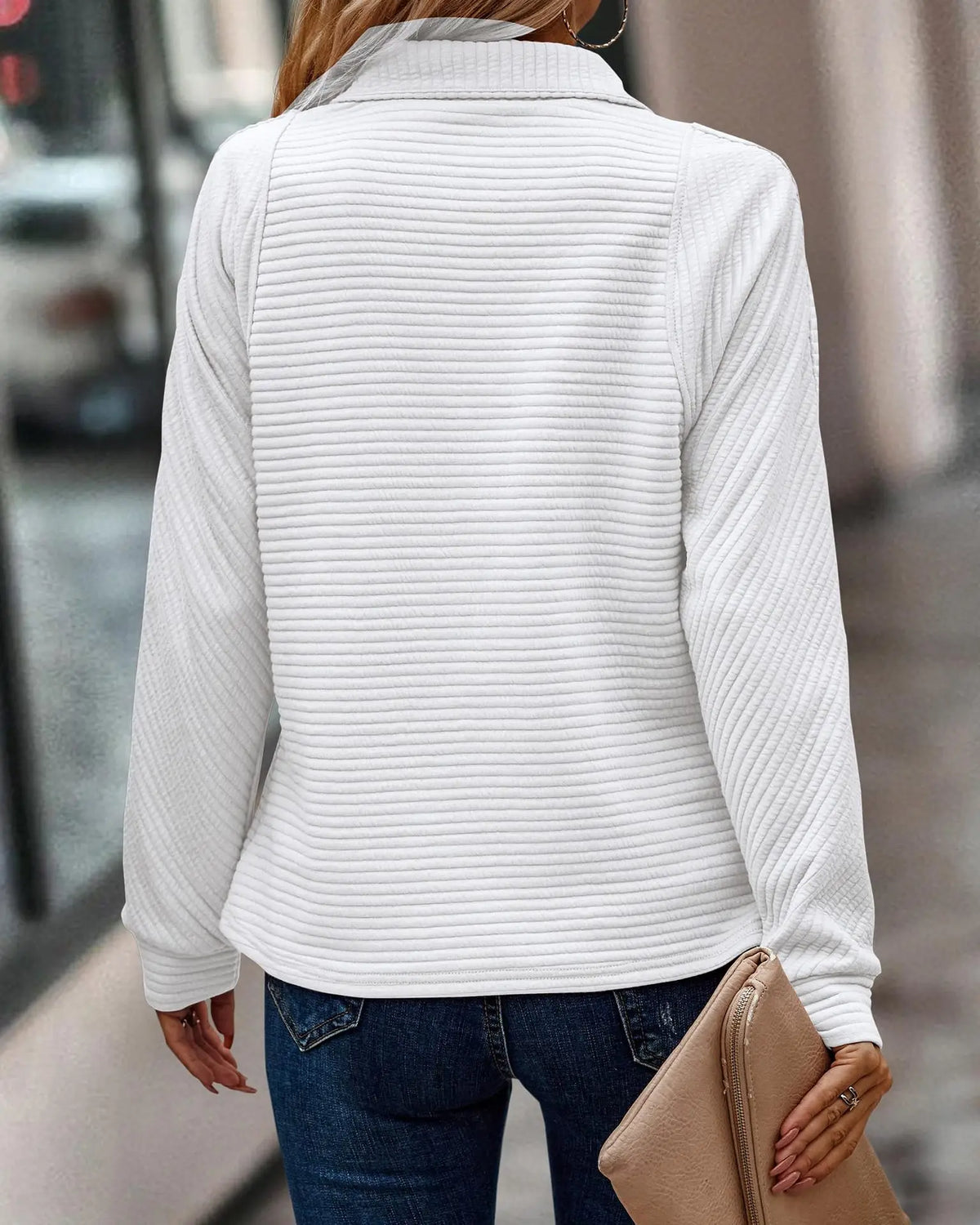 Women's Ribbed Half-Zip Sweater Long Sleeve Collared Navy