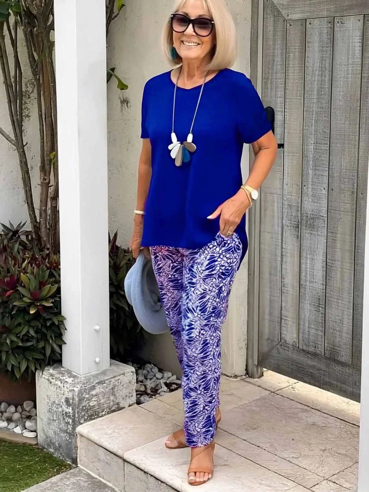 Women's Short Sleeve Patterned Two Piece Set