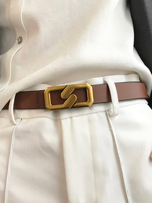 Women's Leather Belt Geometric Buckle Modern Black