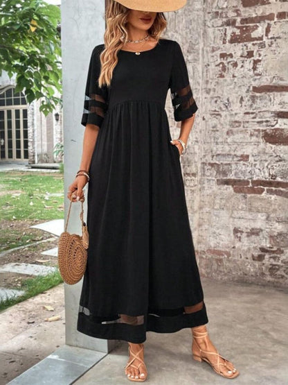 Women's Round Neck Maxi Dress Sheer Mesh Sleeves