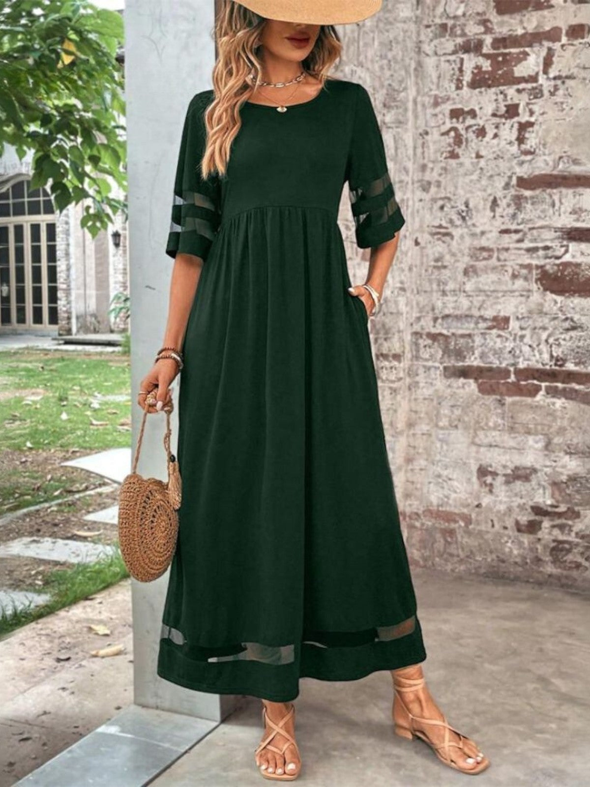 Women's Round Neck Maxi Dress Sheer Mesh Sleeves