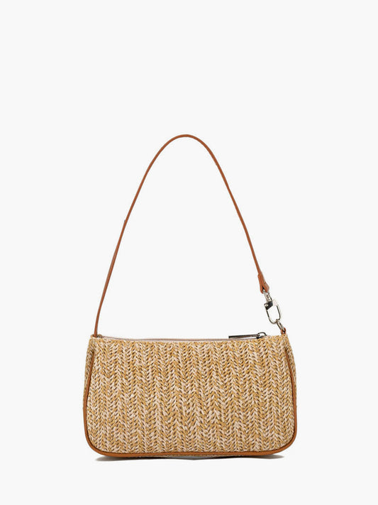 Women's Woven Straw Baguette Bag Zipper Closure Detachable Strap