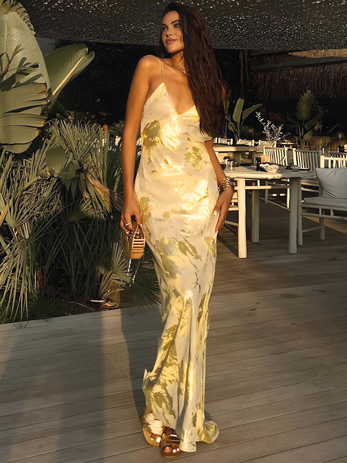 Women's V-Neck Halter Maxi Dress Metallic Print