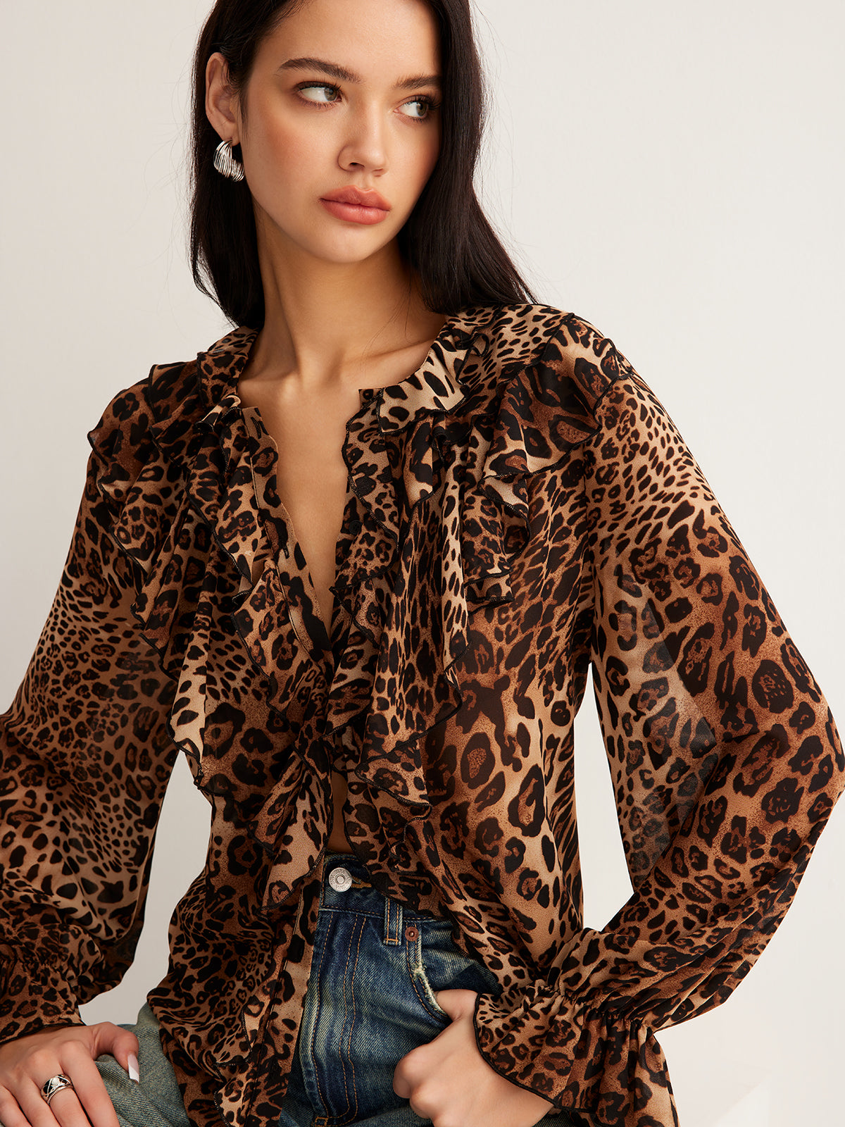 Women's Leopard Blouse Long Sleeve V-Neck Ruffle Trim