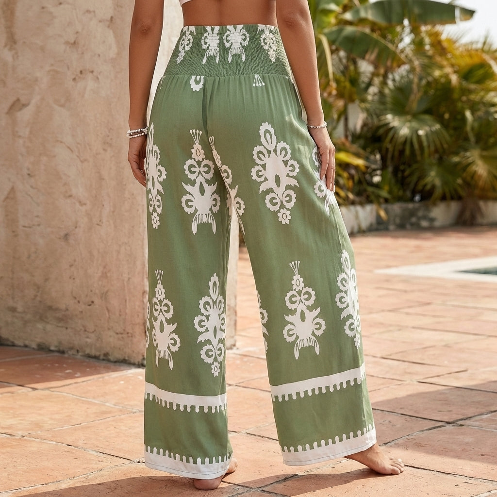 Wide Leg Boho Pants Flowing Gathered Waist Decorative Hem