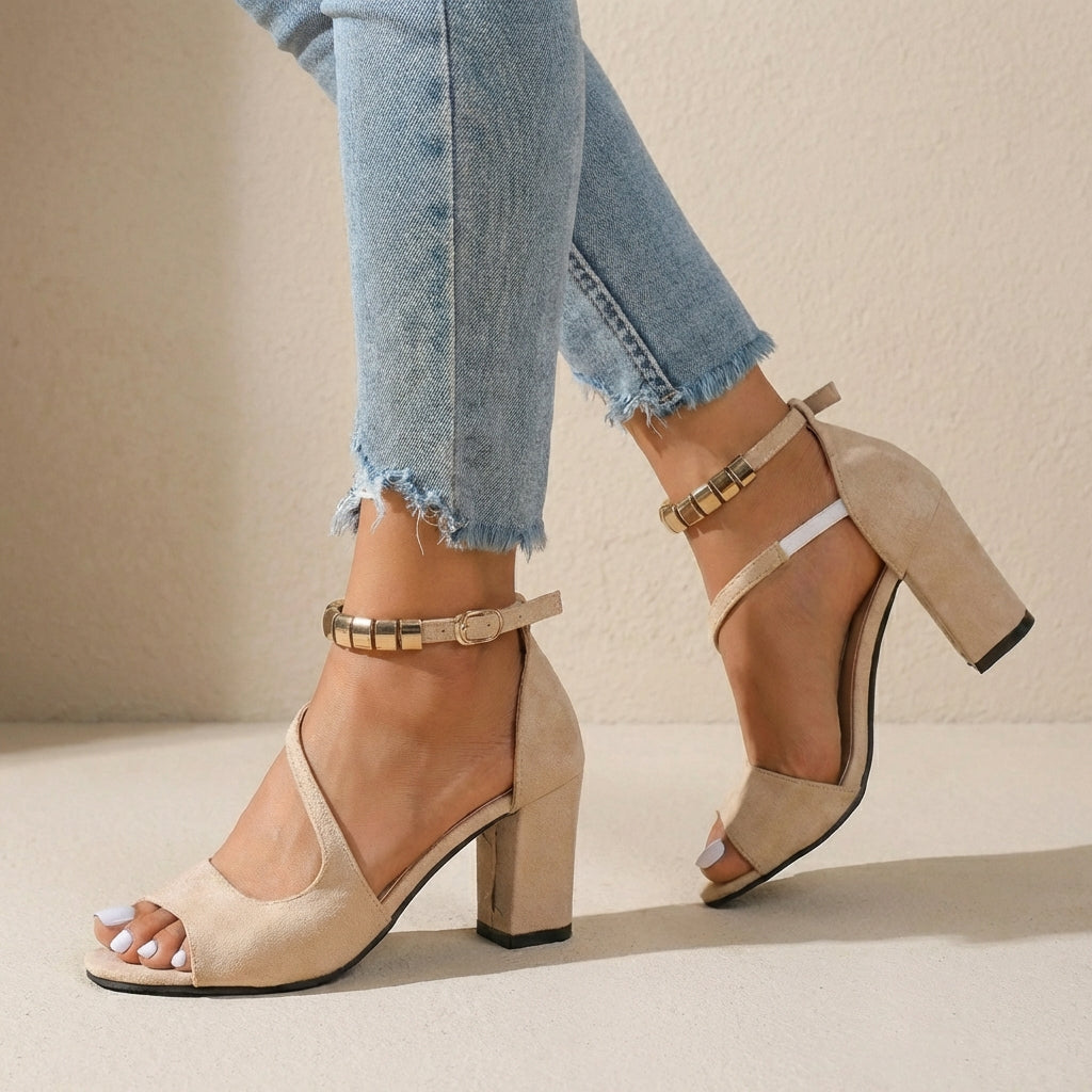 Women's Suede Block Heel Sandals Embellished Straps