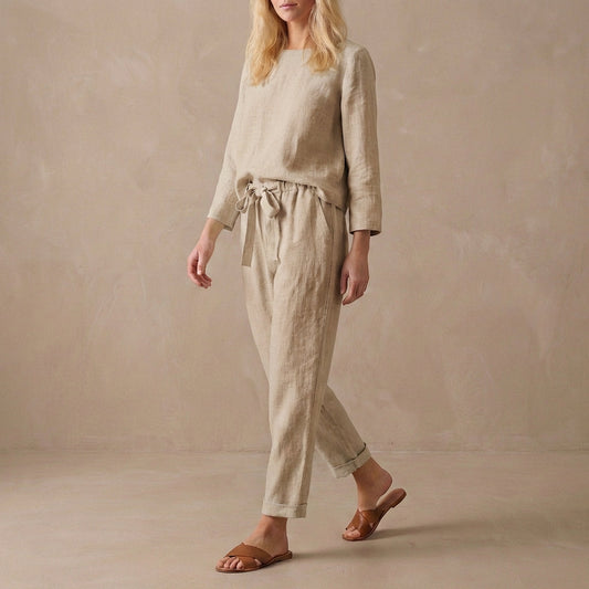 Women's Linen Two Piece Set Boat Neck Blouse Drawstring Pants