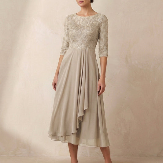 Women's Embroidered Midi Dress Sheer Sleeves Pockets