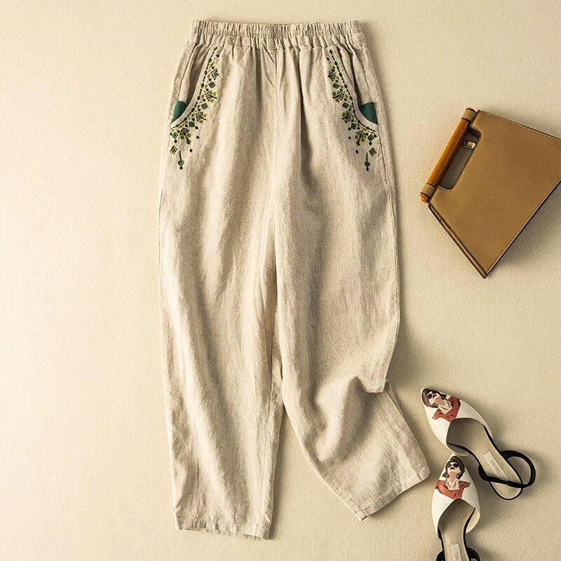 Linen Harem Pants Relaxed Fit Ankle Length Embroidered