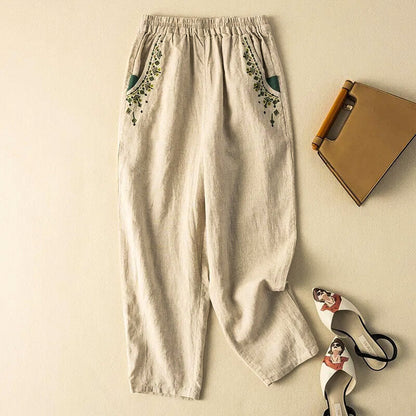 Linen Harem Pants Relaxed Fit Ankle Length Embroidered