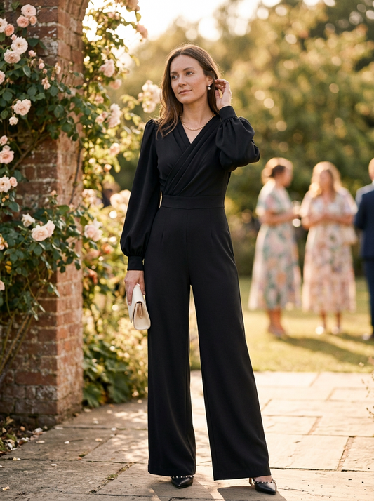 Women's V-Neck Jumpsuit Voluminous Sleeves Wide Leg