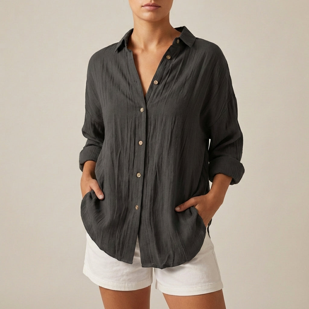Linen Longline Shirt Relaxed Fit Pleated Button Up