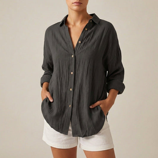 Linen Longline Shirt Relaxed Fit Pleated Button Up