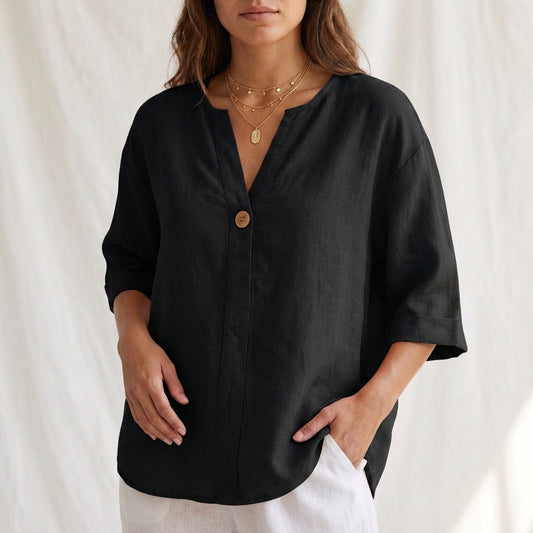 Women's Cotton Blouse V-Neck Cuffed Sleeves