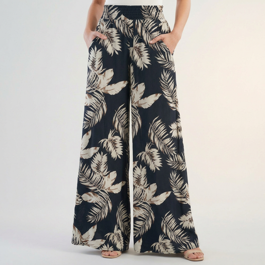 Women's Tropical Print Palazzo Pants Ruched Waist