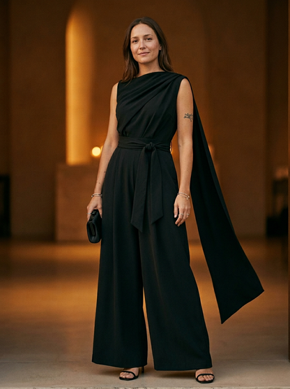 Women's Cowl Neck Jumpsuit Wide Leg Belted Waist