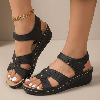 Womens Perforated Wedge Sandals Adjustable Ankle Strap Platform Sole