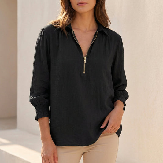 Women's Linen Oversized Zip Blouse Relaxed Fit