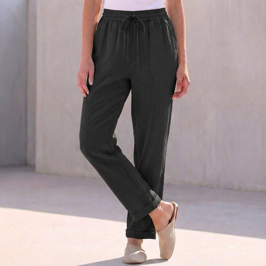 Relaxed Fit Cotton Linen Ankle Pants Drawstring Waist