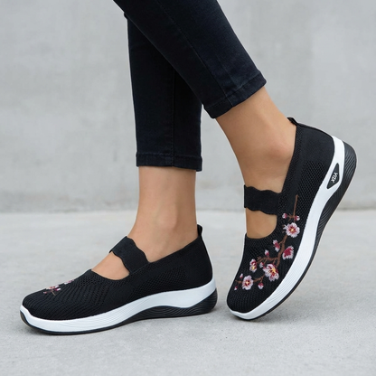 Women's Knit Mary Jane Flats Floral Embroidery