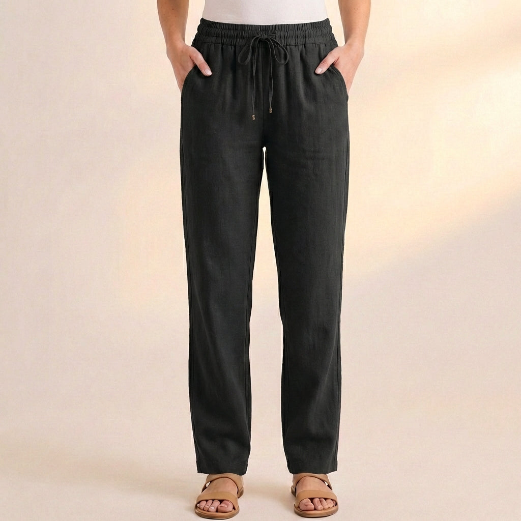 Women's Relaxed Fit Ankle Pants Drawstring Waist Cotton Black