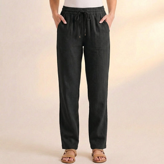 Women's Relaxed Fit Ankle Pants Drawstring Waist Cotton Black