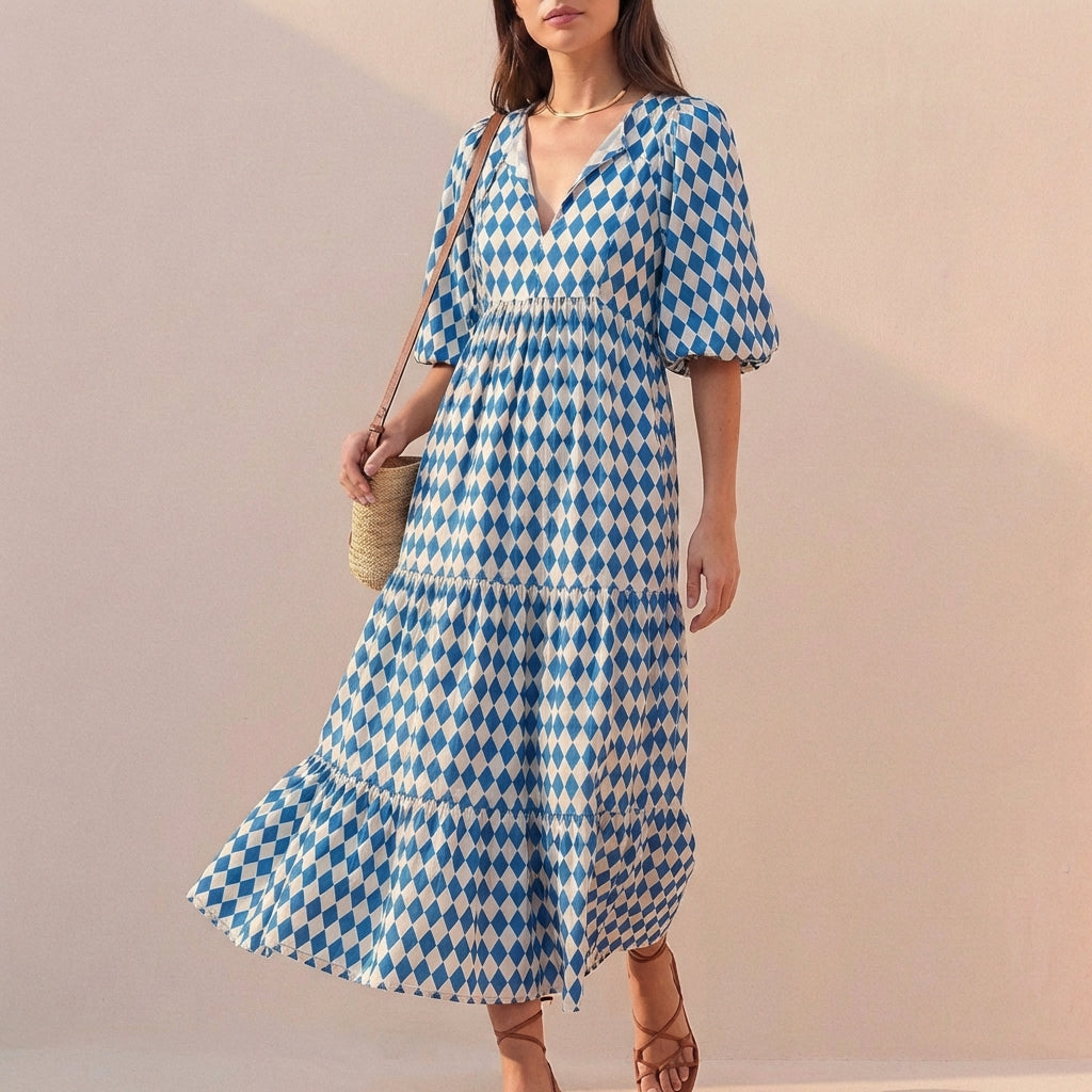 Women's V-Neck Midi Dress Puff Sleeves Tiered Skirt