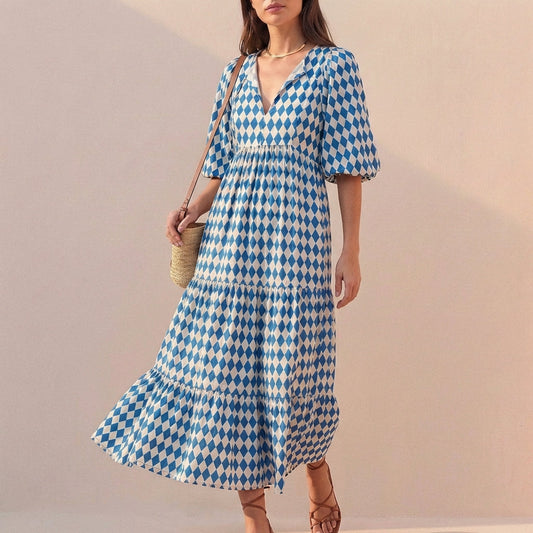 Women's V-Neck Midi Dress Puff Sleeves Tiered Skirt