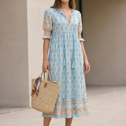 Women's V-Neck Maxi Dress Lantern Sleeves Tiered Skirt