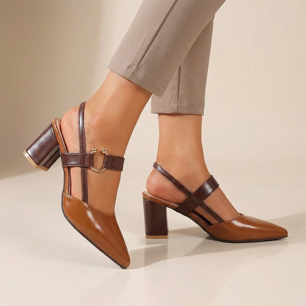 Women's Leather Slingback Pumps Buckled Strap Transparent Details